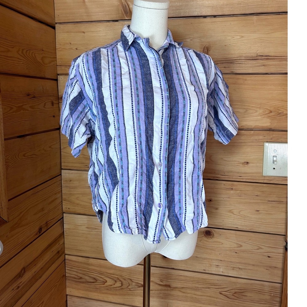 Vintage Striped Button Down Shirt Womens Small Purple Blue Angelique 1990s 90s‎
